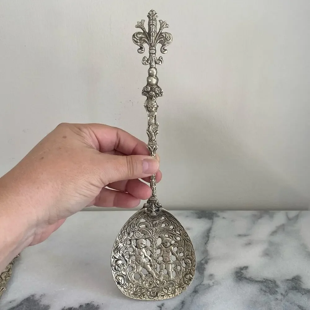 Ugo Bellini Set Of 2 Italian Ornate Metal Serving Fork Spoon Baroque Cherub Lion